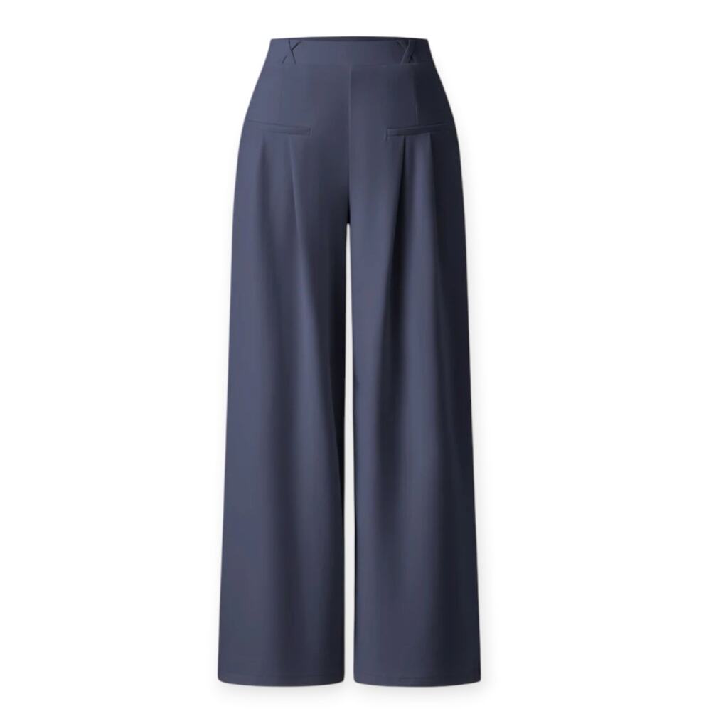 NWT OGL Drapey Bamboo Ponte Mid Rise Wide Leg Trouser Pants Size Large Navy Blue